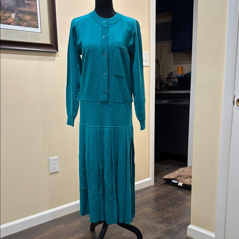 Schrader Knit Teal Cardigan Skirt Dress